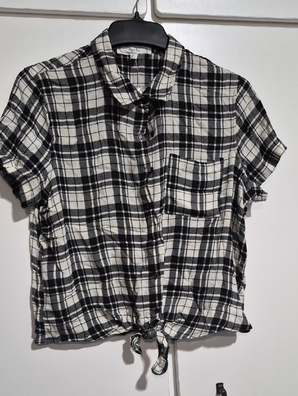 Hippie Rose Black and White Plaid Tie-Front Short Sleeve Top